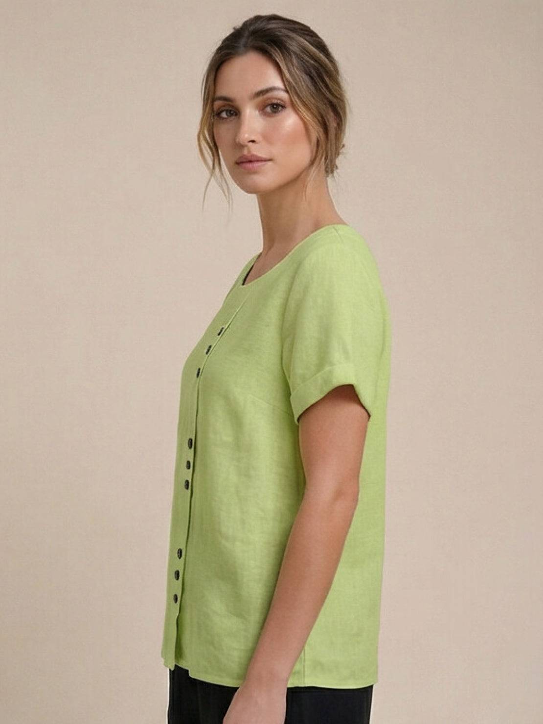 Foreen | Women's Casual Short Sleeve Top with Scoop Neck and Button Details