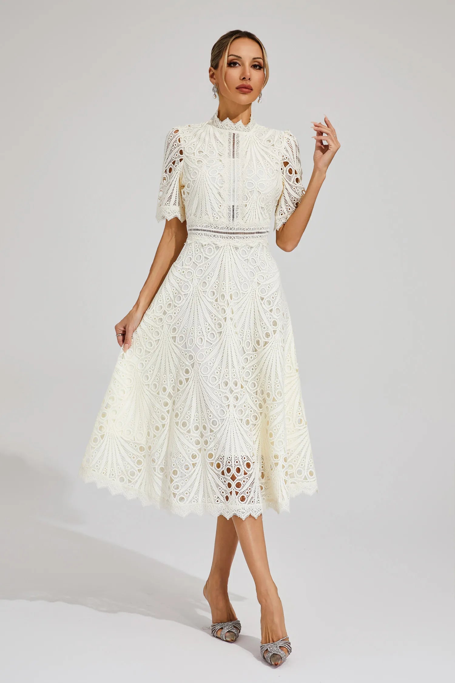 Rosalinda | Women's Short Sleeve Midi Dress with Mock Neck