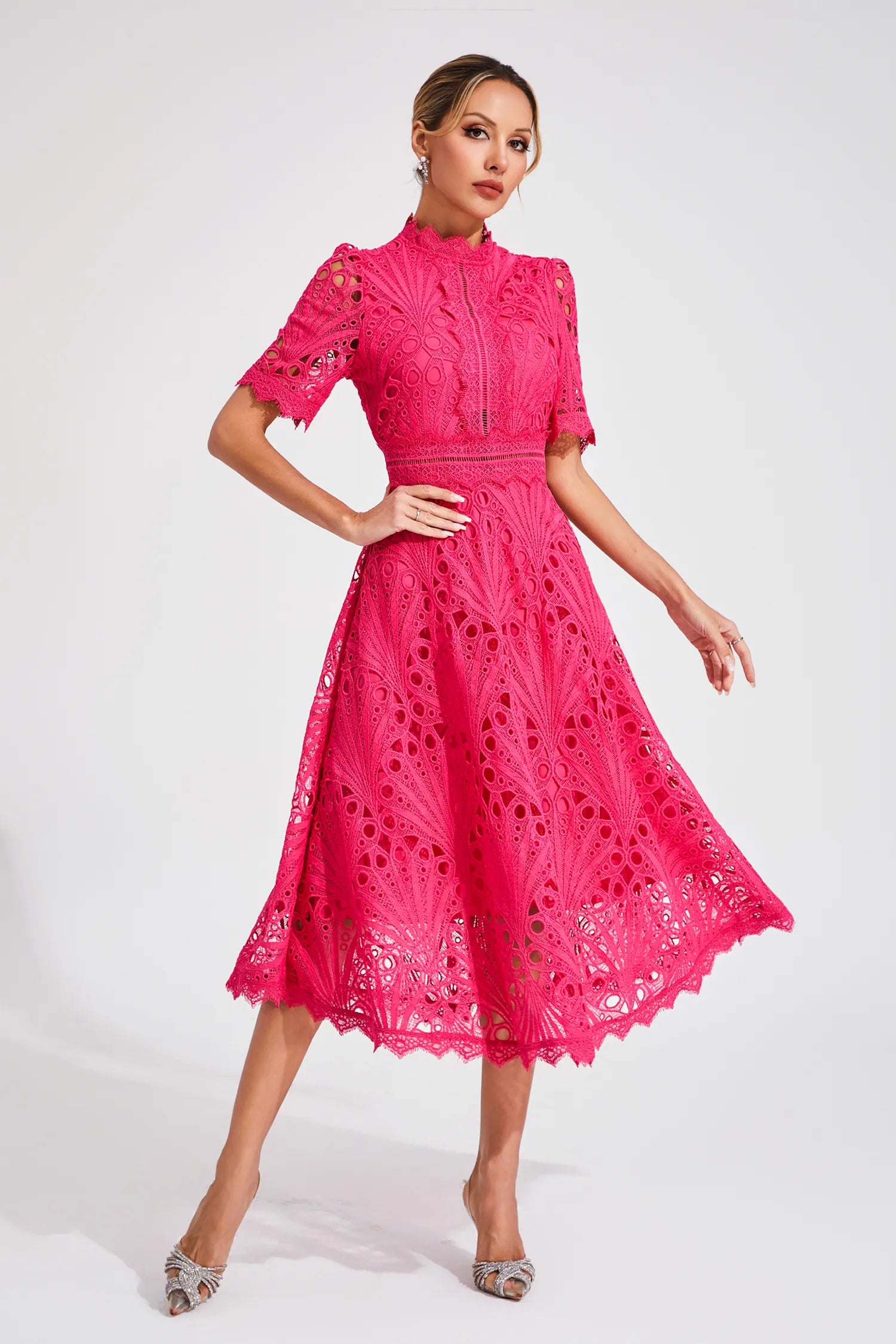 Rosalinda | Women's Short Sleeve Midi Dress with Mock Neck