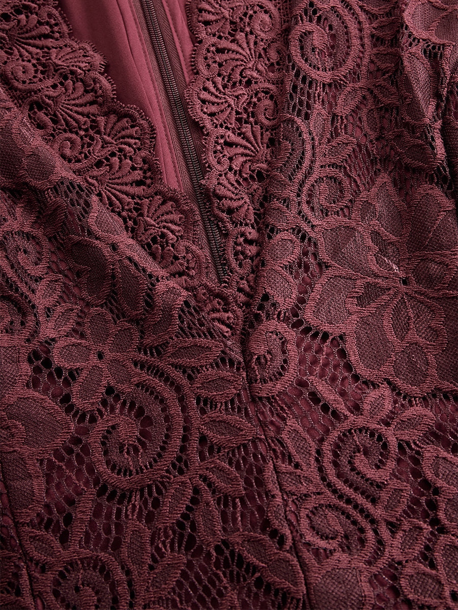 Rosemary | Women's Lace Midi Dress with Long Sleeves and V-Neck