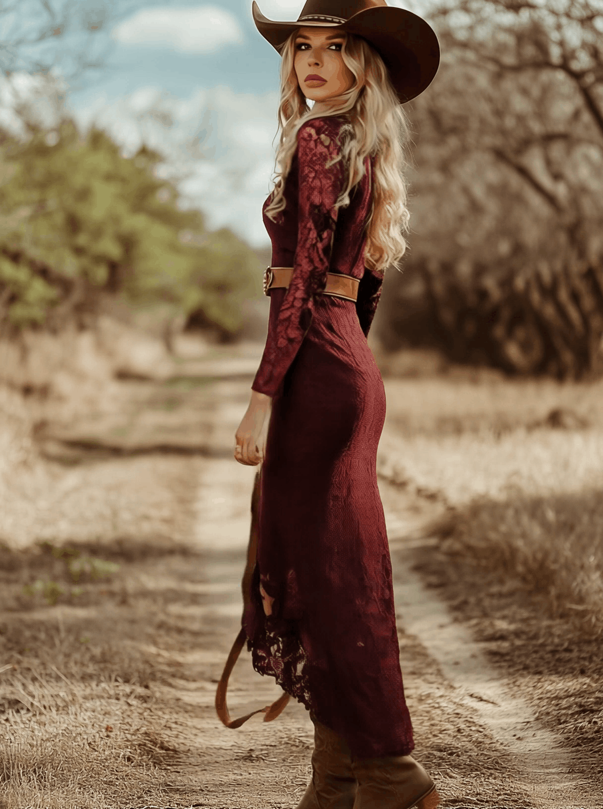 Rosemary | Women's Lace Midi Dress with Long Sleeves and V-Neck