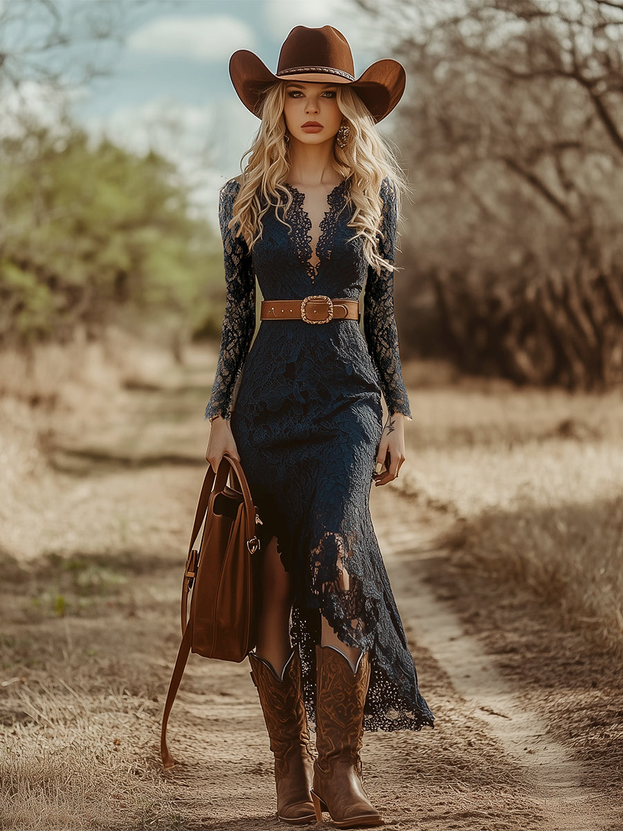 Rosemary | Women's Lace Midi Dress with Long Sleeves and V-Neck