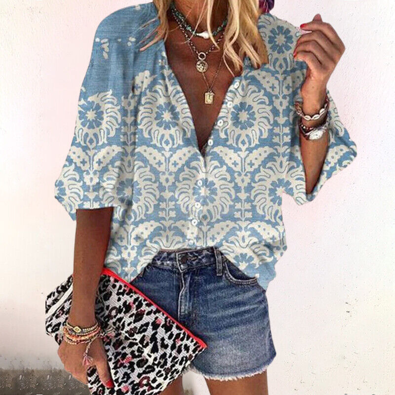 Zara | Women's V-Neck Long Sleeve Boho Print Blouse with Button Closure