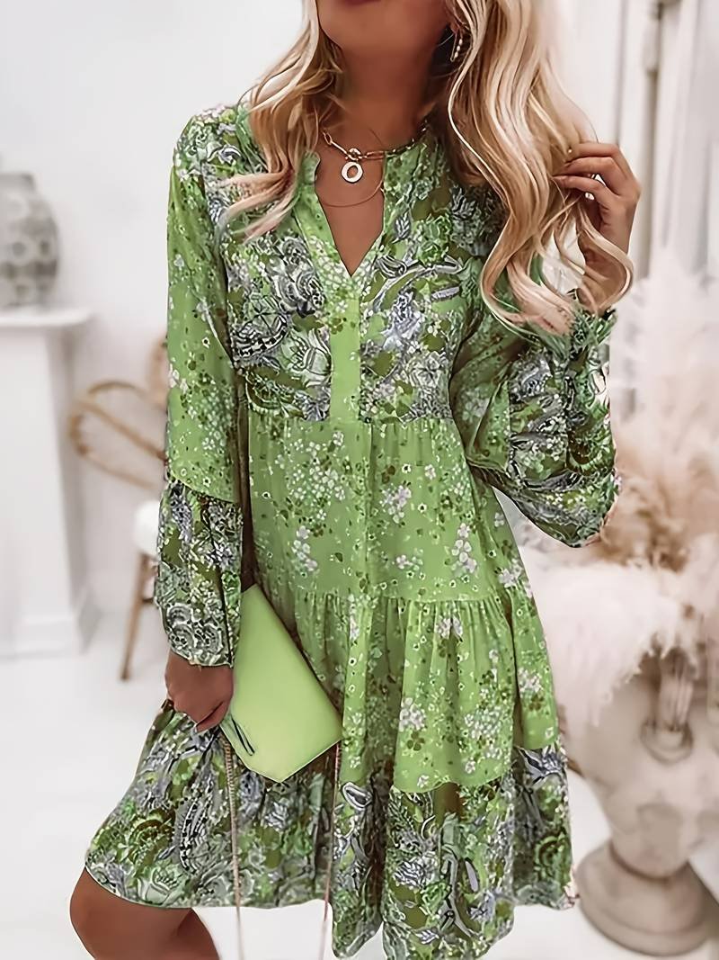 Seraphine | Women's Tiered Midi Dress with Floral Print and V-Neck Long Sleeves