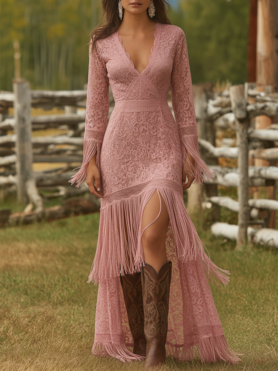 Serenity | Women's Long Sleeve V-Neck Maxi Dress with Tassels
