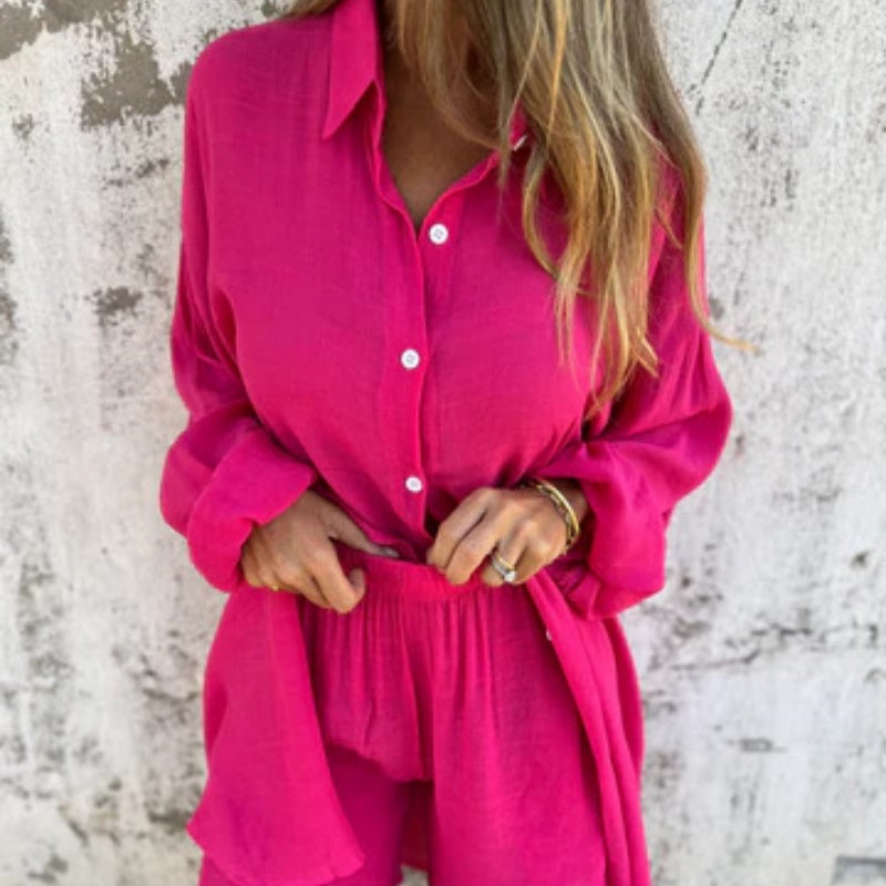 Funa | Women's Two-Piece Button-Up Shirt and Pant Ensemble