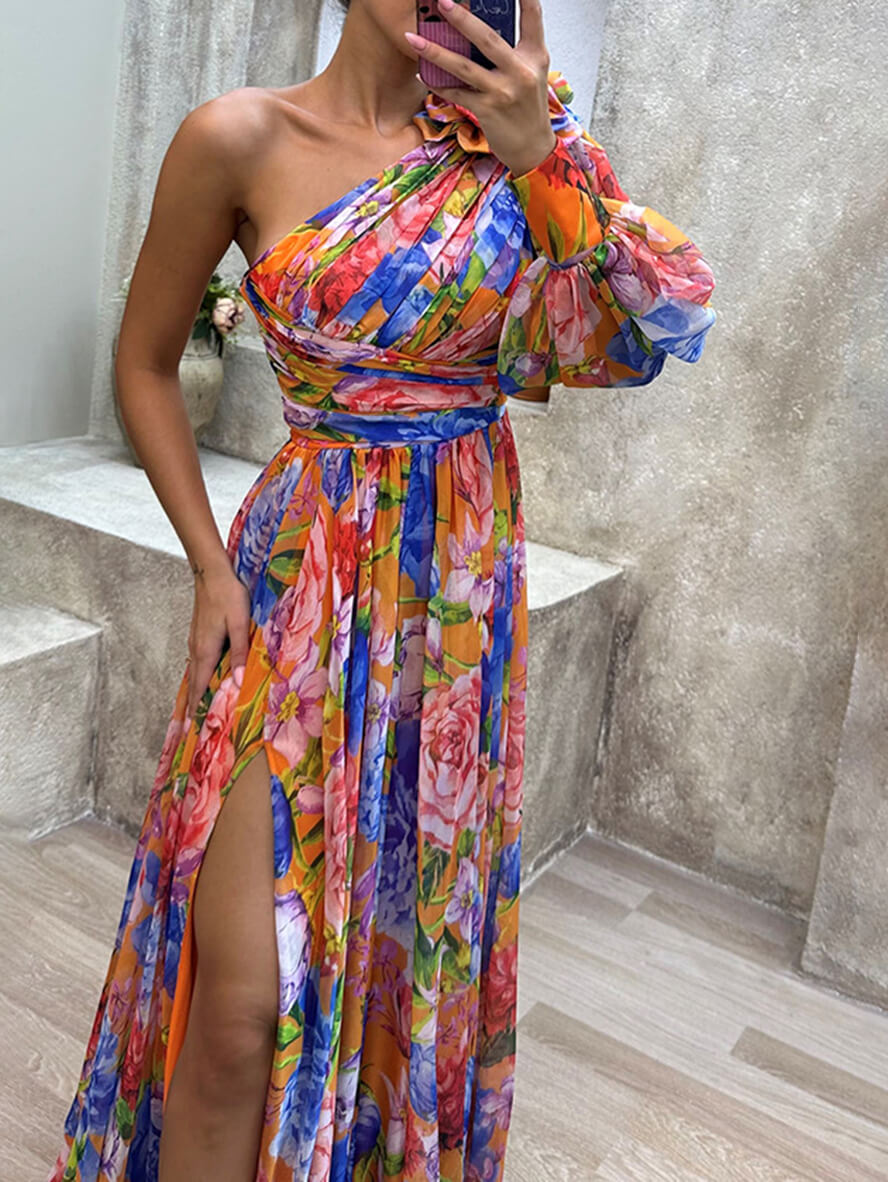 Theodora | Women's Floral Maxi Dress with One Shoulder Design