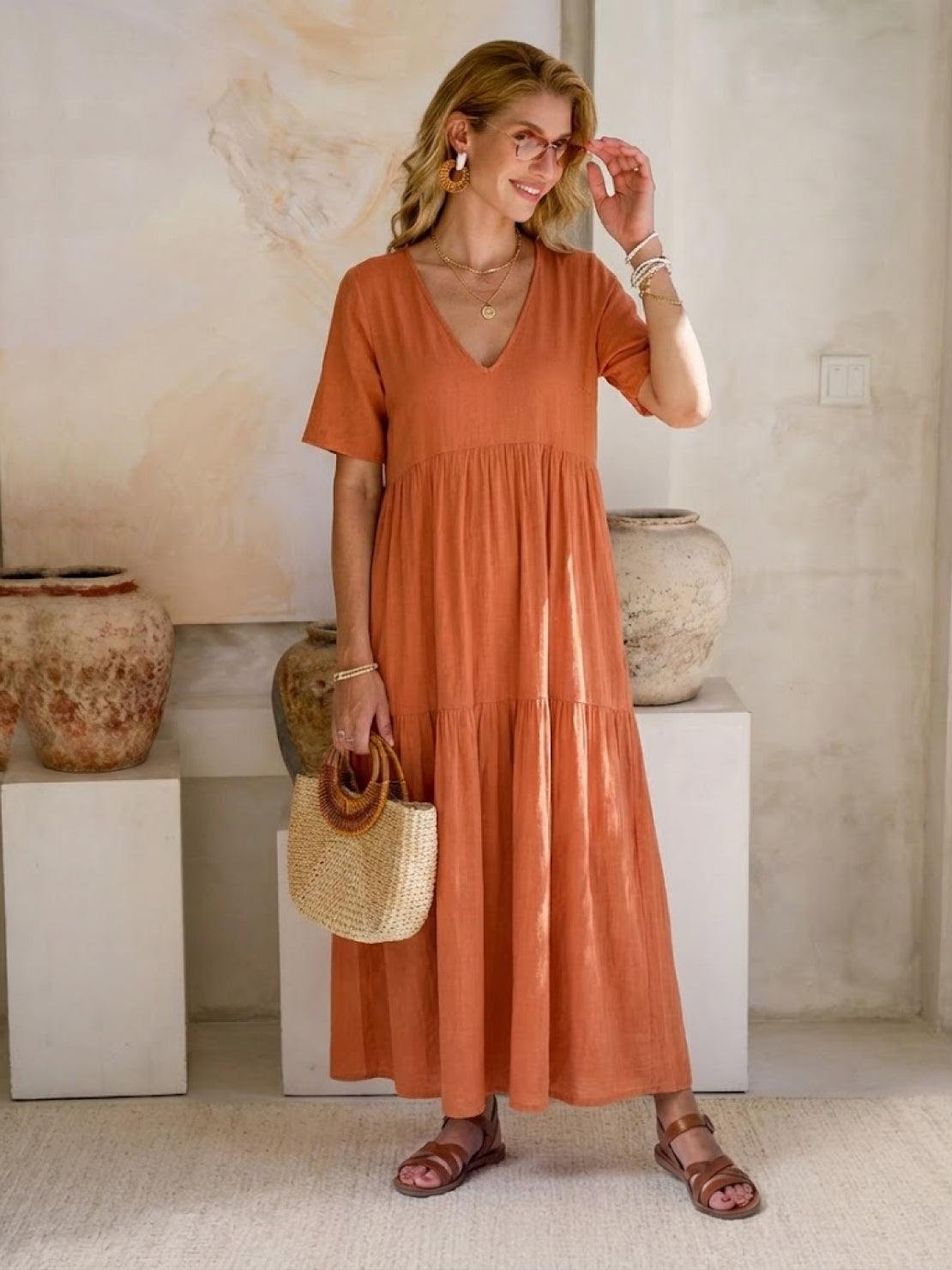 Sienna | Women's Short Sleeve V-Neck Tiered Maxi Dress