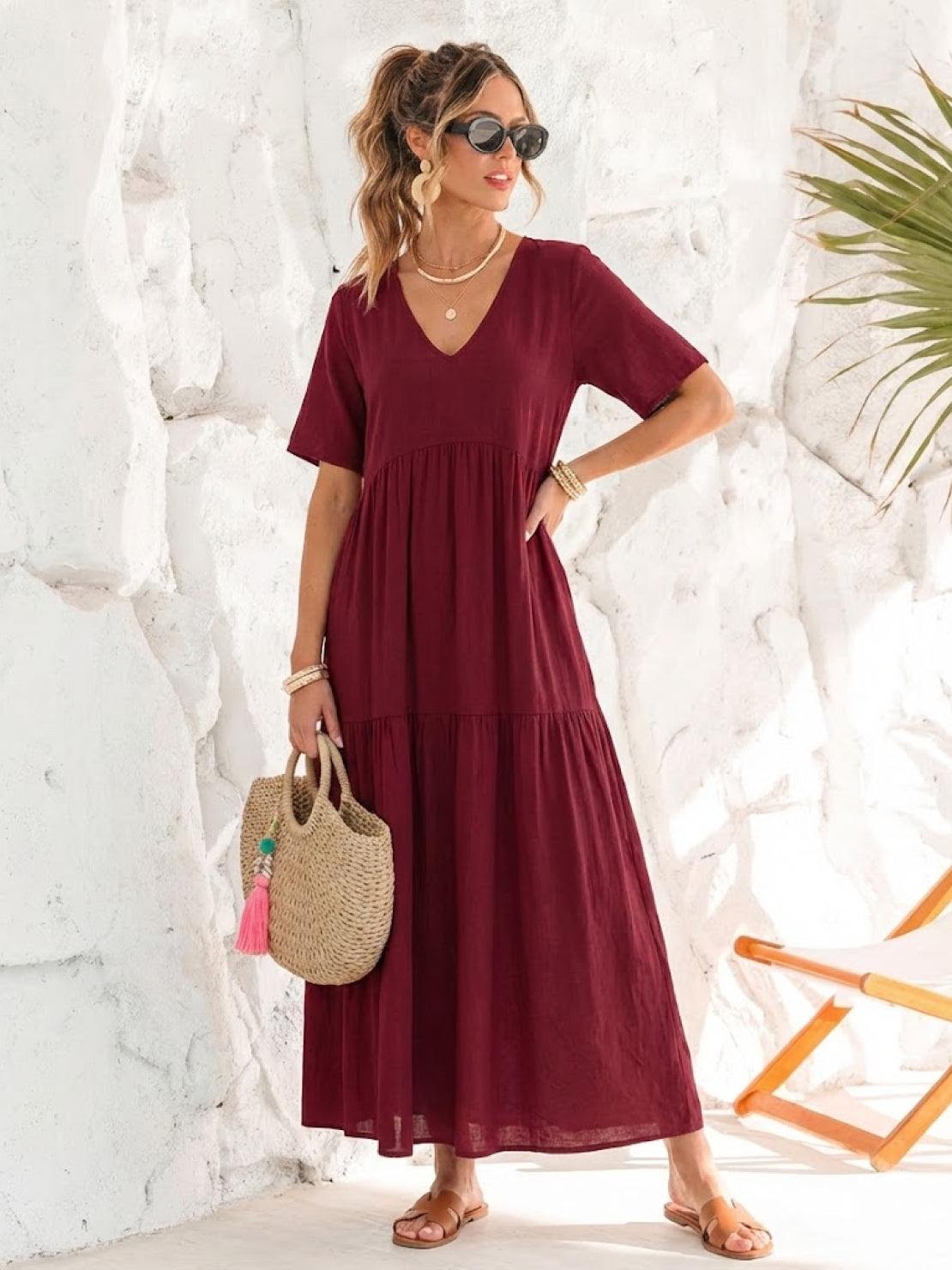 Sienna | Women's Short Sleeve V-Neck Tiered Maxi Dress