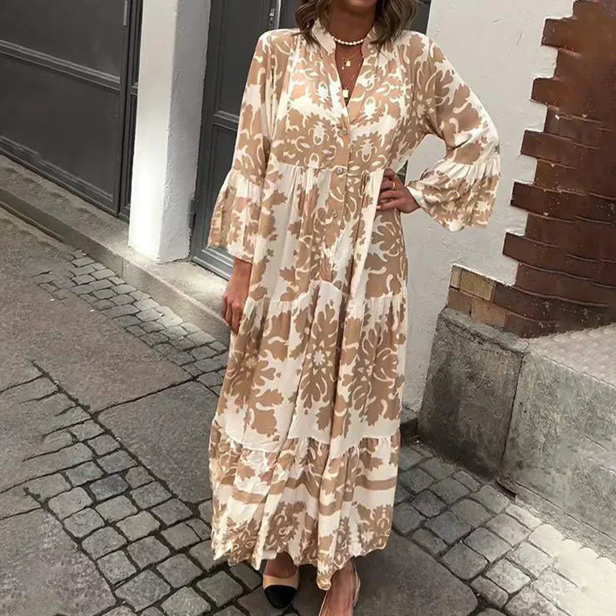 Valencia | Women's Midi Dress with Floral Long Sleeves