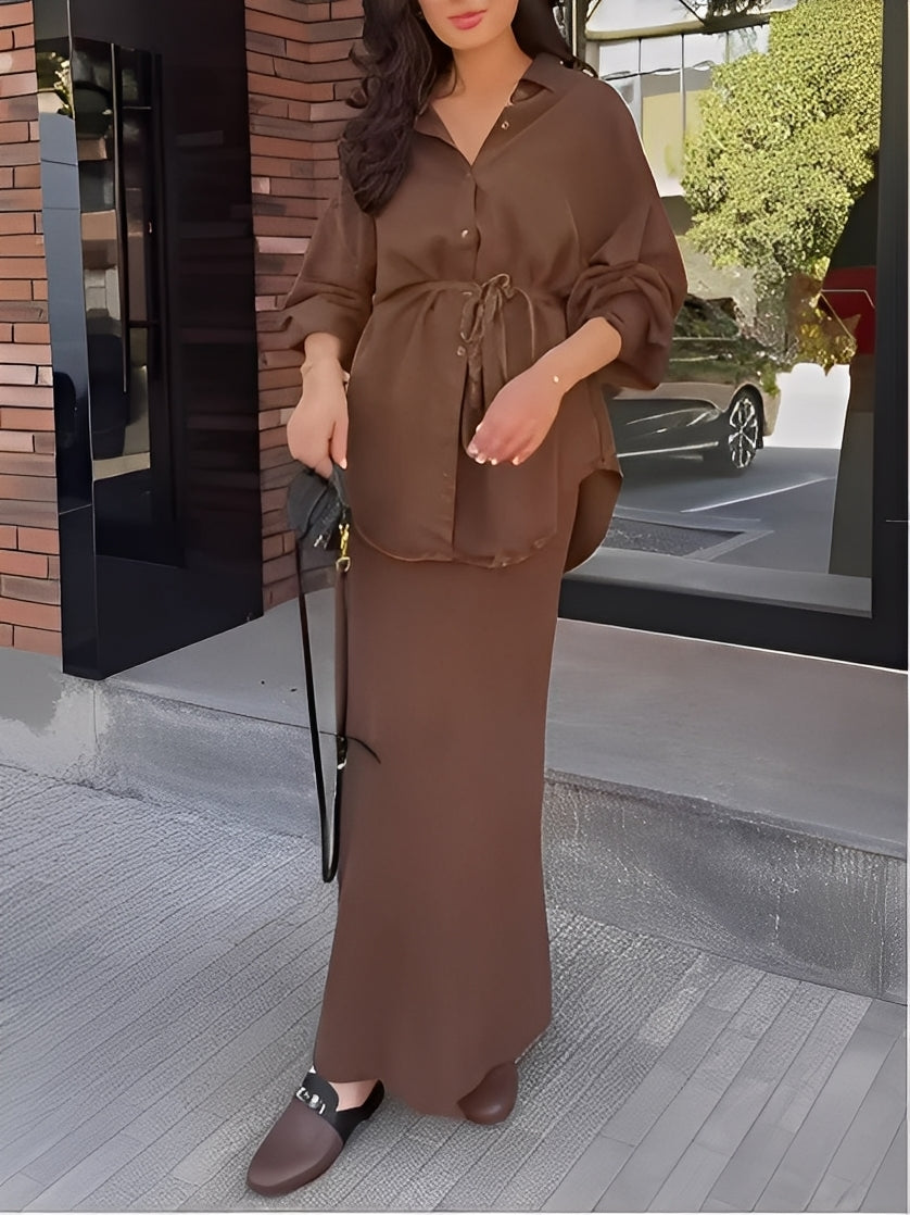 Lisa™ | Long Sleeve Tie-Front Shirt & Skirt Ensemble