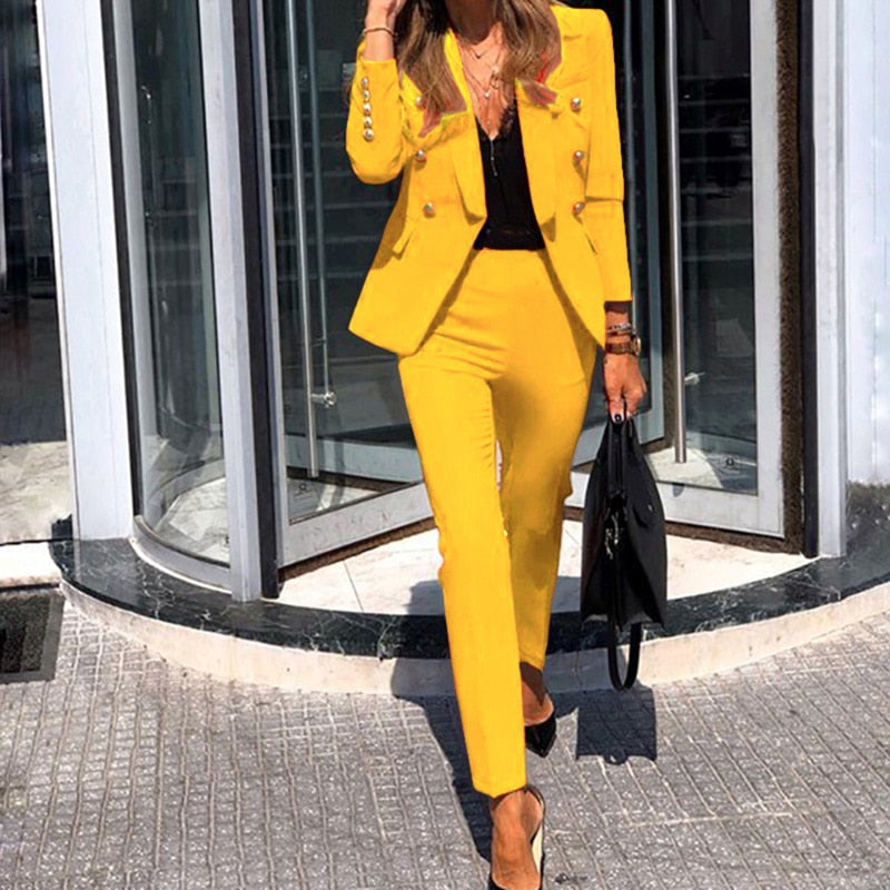 Zeliana | Women's Yellow Blazer Set - Two-Piece Ensemble